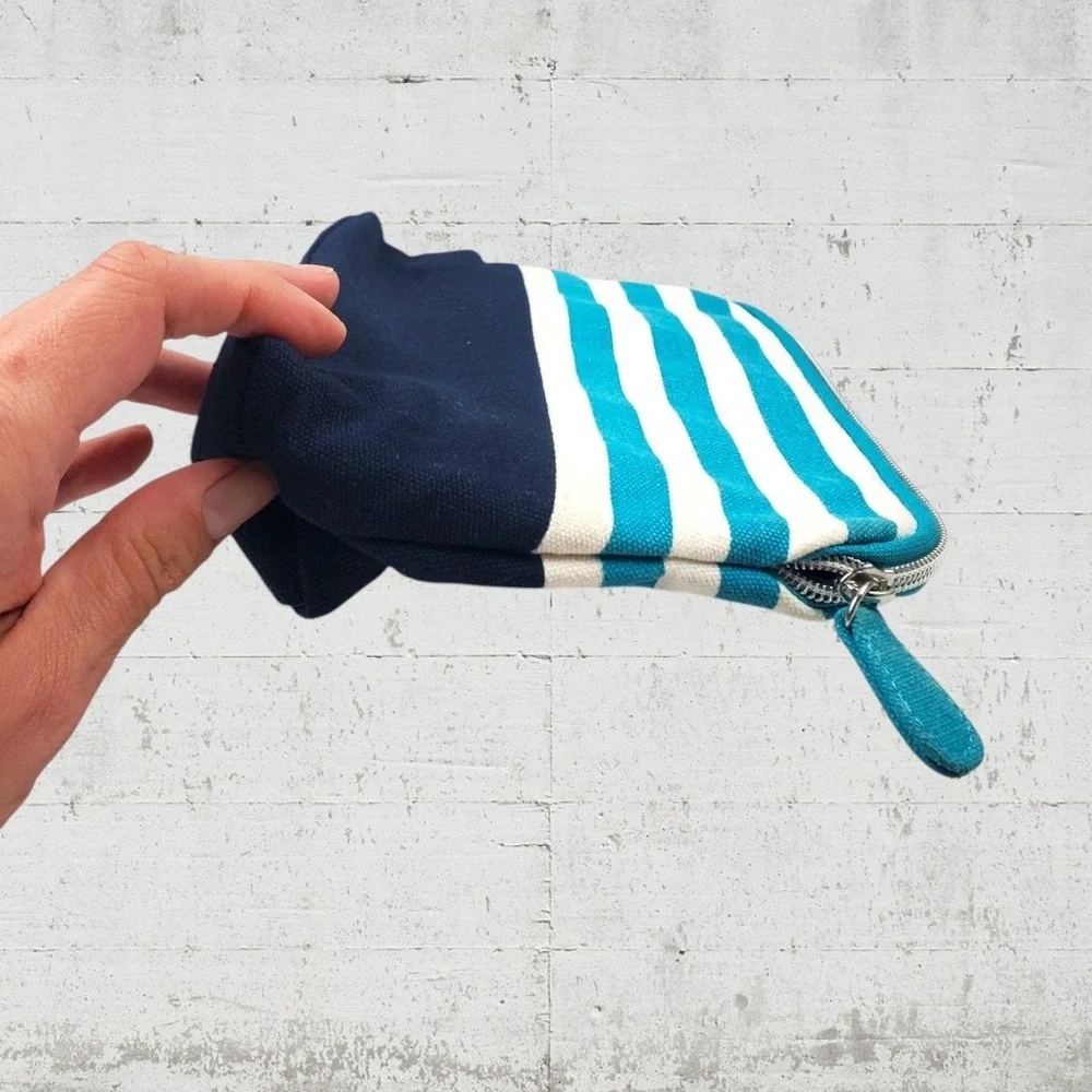 Ralph Lauren Striped Canvas Cosmetic‎ Pouch Navy Turquoise Pink Logo Travel Bag